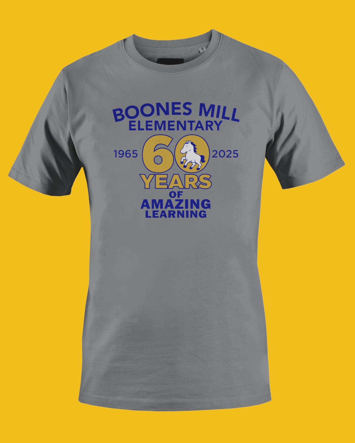 Gray t-shirt with 'Boones Mill Elementary' 60th anniversary design on a yellow background