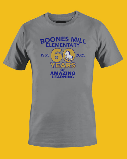 Gray t-shirt with 'Boones Mill Elementary' 60th anniversary design on a yellow background