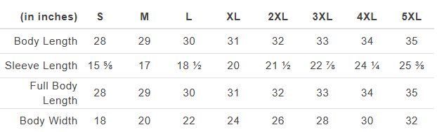Size chart for clothing measurements in inches
